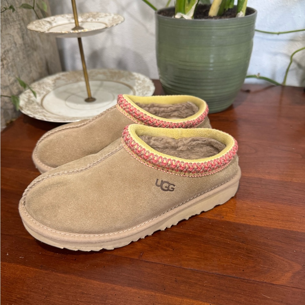 UGG Tan Tasman Suede Slippers with Pink Trim